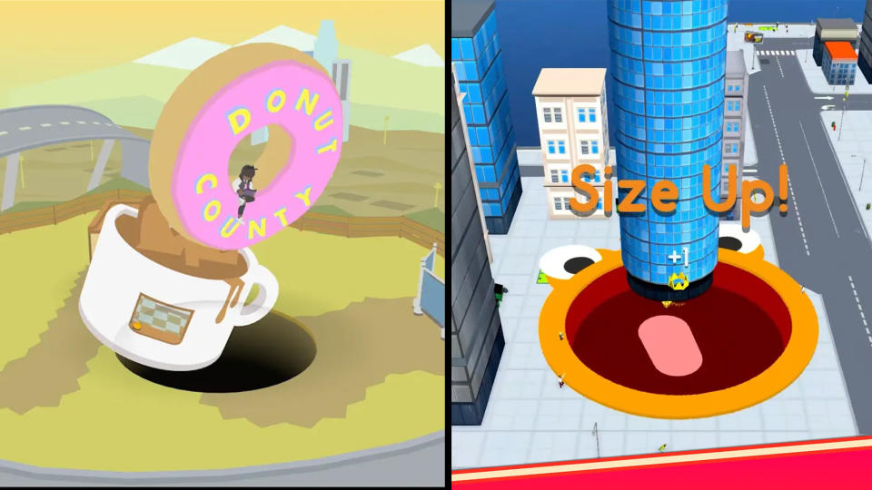 Split-screen showing the original Donut County mobile game (left) and its clone, Hole.io.
