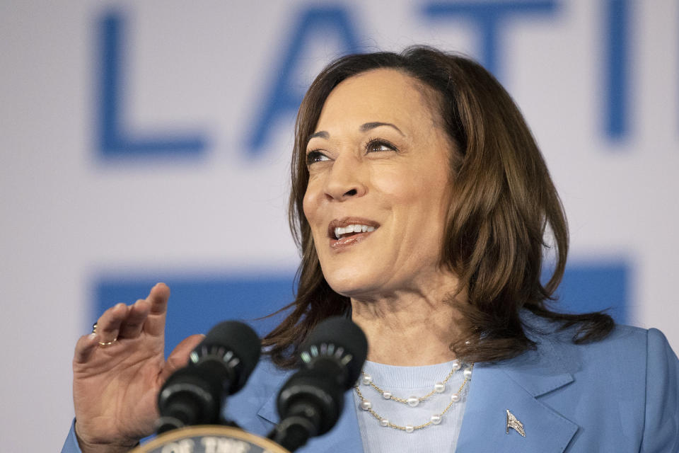 Vice President Kamala Harris speaks during a post debate campaign rally, Friday, June 28, 2024, in Las Vegas. (AP Photo/Ronda Churchill)