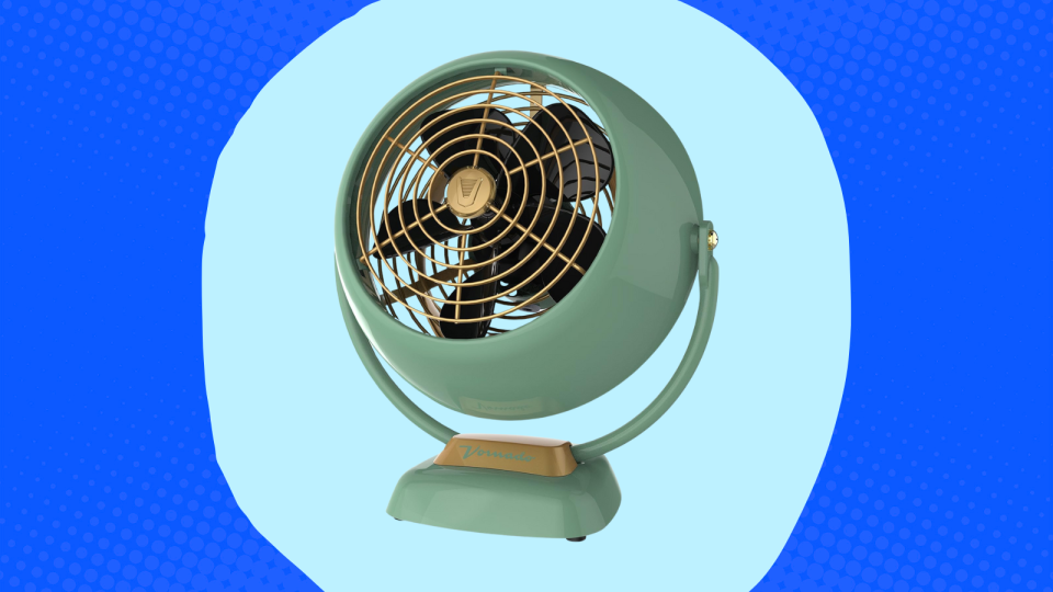 The Vornado fan in green on a blue background