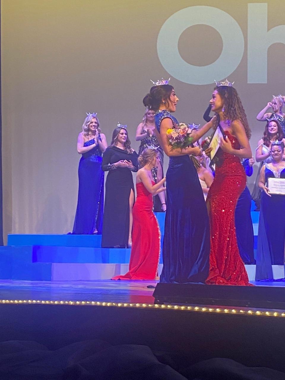 Miss Greater Cleveland Lucabella LaEace, 20, of Cincinnati, at left, won the preliminary health and fitness award Thursday at Miss Ohio while Miss Shawnee Stephanie Finoti, 21, of Columbus, won the preliminary talent award at the Renaissance Theatre in Mansfield.