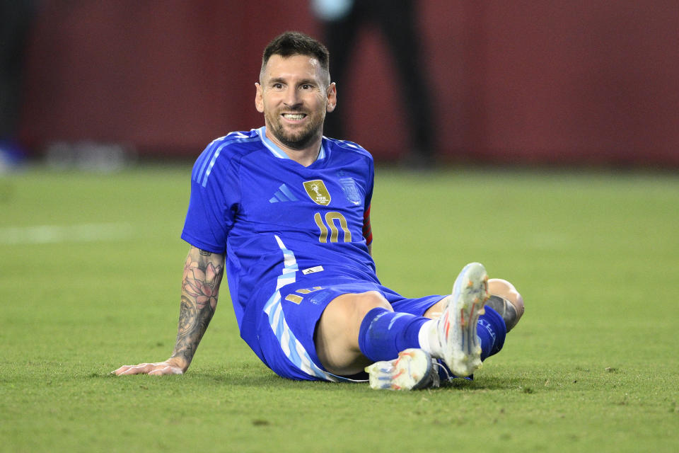 Argentina forward Lionel Messi in action during the second half of an international friendly soccer match against Guatemala, Friday, June 14, 2024, in Landover, Md. (AP Photo/Nick Wass)