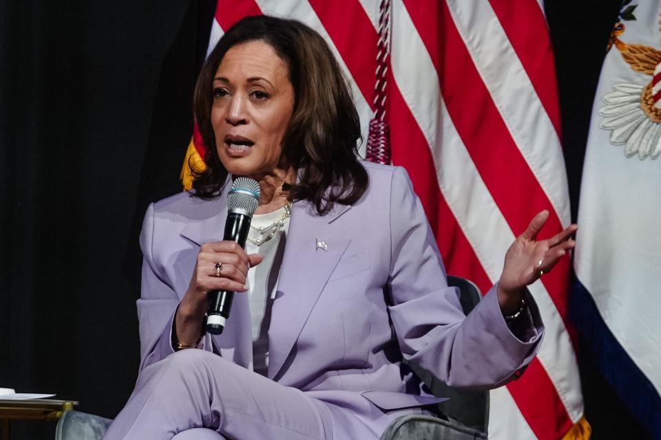 Vice President Kamala Harris speaks during a conversation with Quavo at the Rocket Foundation Summit on gun violence prevention at the Carter Center on June 18, 2024, in Atlanta, Georgia.