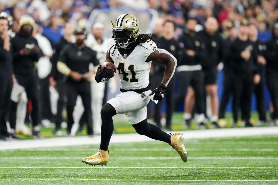 Alvin Kamara is being pushed down fantasy draft boards despite coming off another productive season. (Photo by Dylan Buell/Getty Images)