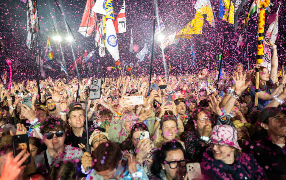 The crowd at Coldplay during day four of Glastonbury Festival 2024 at Worthy Farm, Pilton on June 29, 2024 in Glastonbury, England. 