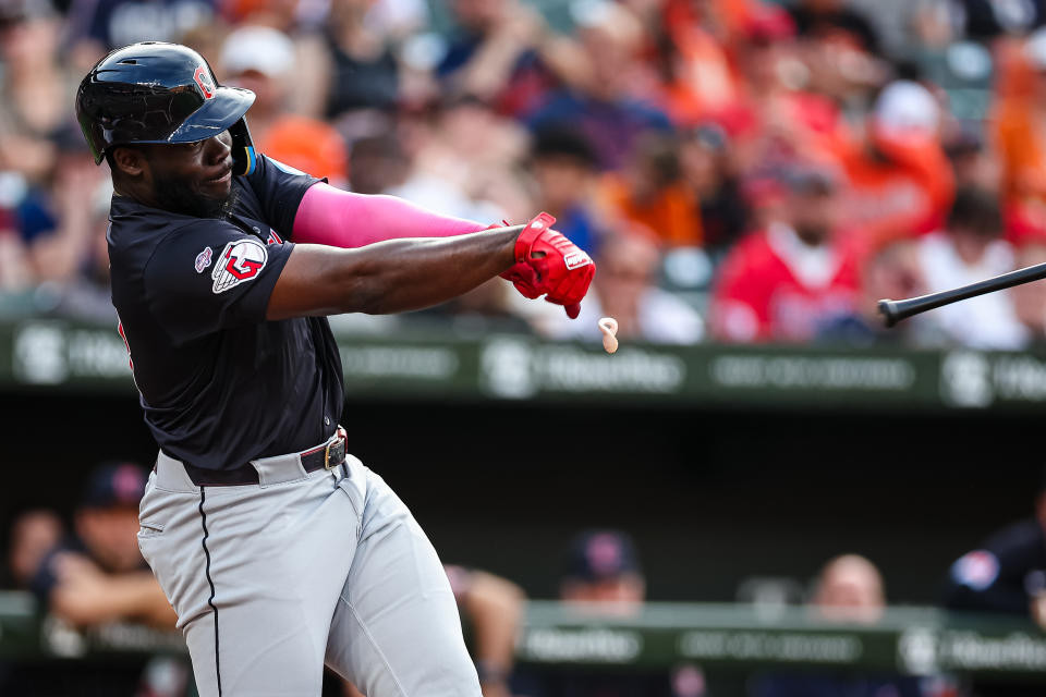 BALTIMORE, MD - JUNE 26: Jhonkensy Noel #43 of the Cleveland Guardians loses his bat on a swing during his first major league at-bat in the second inning against the Baltimore Orioles at Oriole Park at Camden Yards on June 26, 2024 in Baltimore, Maryland. Jhonkensy Noel makes his major league debut. (Photo by Scott Taetsch/Getty Images)