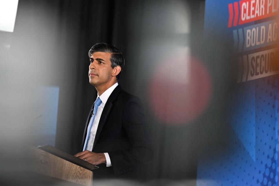 NORTHAMPTON, UNITED KINGDOM - JUNE 11: British Prime Minister and Conservative Party leader Rishi Sunak launches the Conservative Party general election manifesto at the Silverstone race track in Northamptonshire, United Kingdom on June 11, 2024. With polls just weeks away, Britain's embattled Conservative Party on Tuesday launched its election manifesto, promising significant tax cuts and a focus on economic stability. Prime Minister Rishi Sunak outlined the party's key pledges, which include a 2 percentage point cut in employee National Insurance by April 2027 and the abolition of the main rate of self-employed National Insurance by the end of the parliamentary term. In addition to these tax cuts, Sunak announced a series of measures aimed at supporting first-time homebuyers and tenants. (Photo by Rasid Necati Aslim/Anadolu via Getty Images)