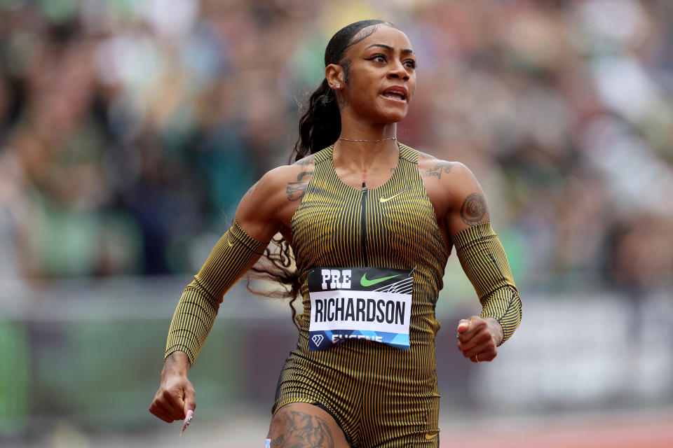 EUGENE, OREGON - MAY 25: Sha'Carri Richardson of Team USA wins the women's 100 meter dash during the Wanda Diamond League Prefontaine Classic at Hayward Field on May 25, 2024 in Eugene, Oregon. (Photo by Steph Chambers/Getty Images)