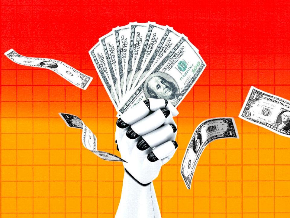 Photo illustration of a robot hand with cash.