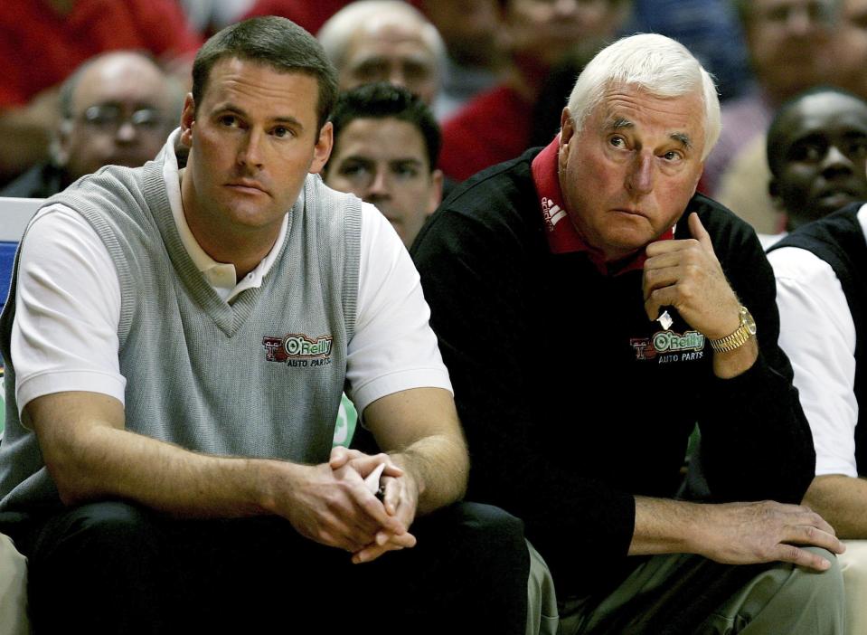 LUBBOCK, TX - JANUARY 01:  Head coach designate Pat Knight and head Coach Bobby Knight of Texas Tech watch from the bench as their team plays New Mexico at United Spirit Arena January 1, 2007 in Lubbock, Texas.  (Photo by Matthew Stockman/Getty Images)