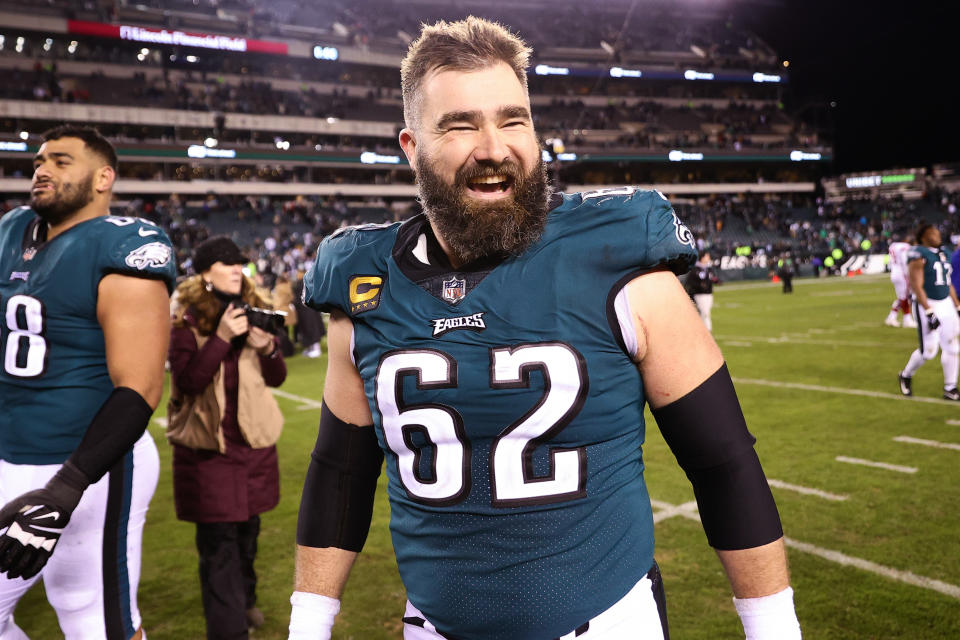 PHILADELPHIA, PENNSYLVANIA - JANUARY 21: Jason Kelce #62 of the Philadelphia Eagles celebrates on the field after defeating the New York Giants 38-7 in the NFC Divisional Playoff game at Lincoln Financial Field on January 21, 2023 in Philadelphia, Pennsylvania. (Photo by Tim Nwachukwu/Getty Images)