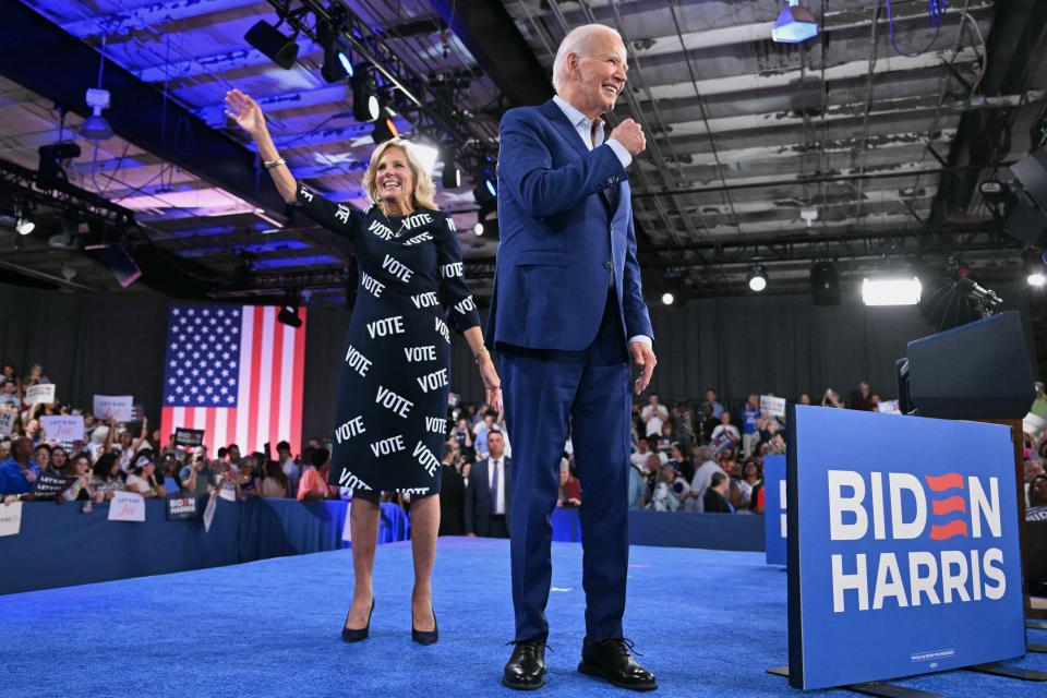 Jill Biden, Joe Biden, presidential debate, suede pumps, Christian Siriano, rally, North Carolina