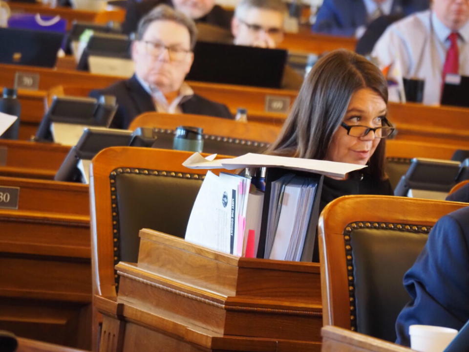 Rep. Stephanie Sawyer Clayton compared a tax proposal to a "nice guy" during a March 28, 2023 House floor hearing. (Rachel Mipro/Kansas Reflector)