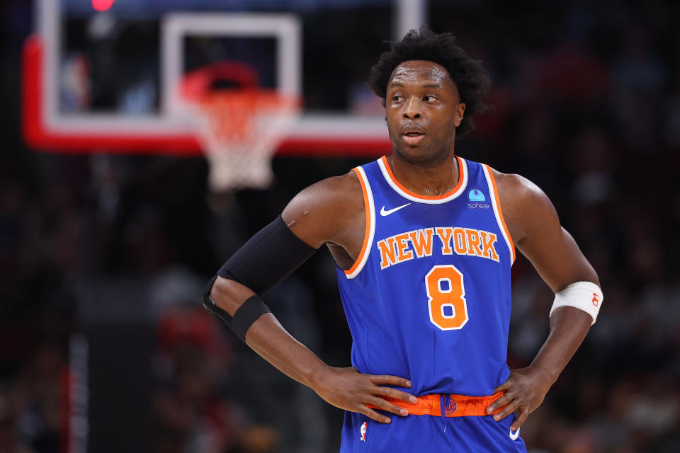 CHICAGO, ILLINOIS - APRIL 09: OG Anunoby #8 of the New York Knicks looks on against the Chicago Bulls during the first half at the United Center on April 09, 2024 in Chicago, Illinois. NOTE TO USER: User expressly acknowledges and agrees that, by downloading and or using this photograph, User is consenting to the terms and conditions of the Getty Images License Agreement.  (Photo by Michael Reaves/Getty Images)