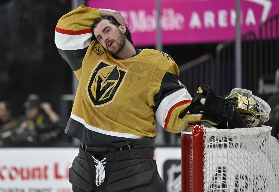 LAS VEGAS, NEVADA - APRIL 29: Logan Thompson #36 of the Vegas Golden Knights looks on prior to the start of the second period against the Dallas Stars in Game Four of the First Round of the 2024 Stanley Cup Playoffs at T-Mobile Arena on April 29, 2024 in Las Vegas, Nevada. (Photo by David Becker/NHLI via Getty Images)