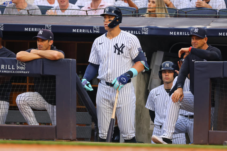 BRONX, NY - JUNE 21: Aaron Judge #99 of the New York Yankees in the dugout during the first inning of the game against the Atlanta Braves on June 21, 2024 at Yankee Stadium in Bronx, New York.  (Photo by Rich Graessle/Icon Sportswire via Getty Images)