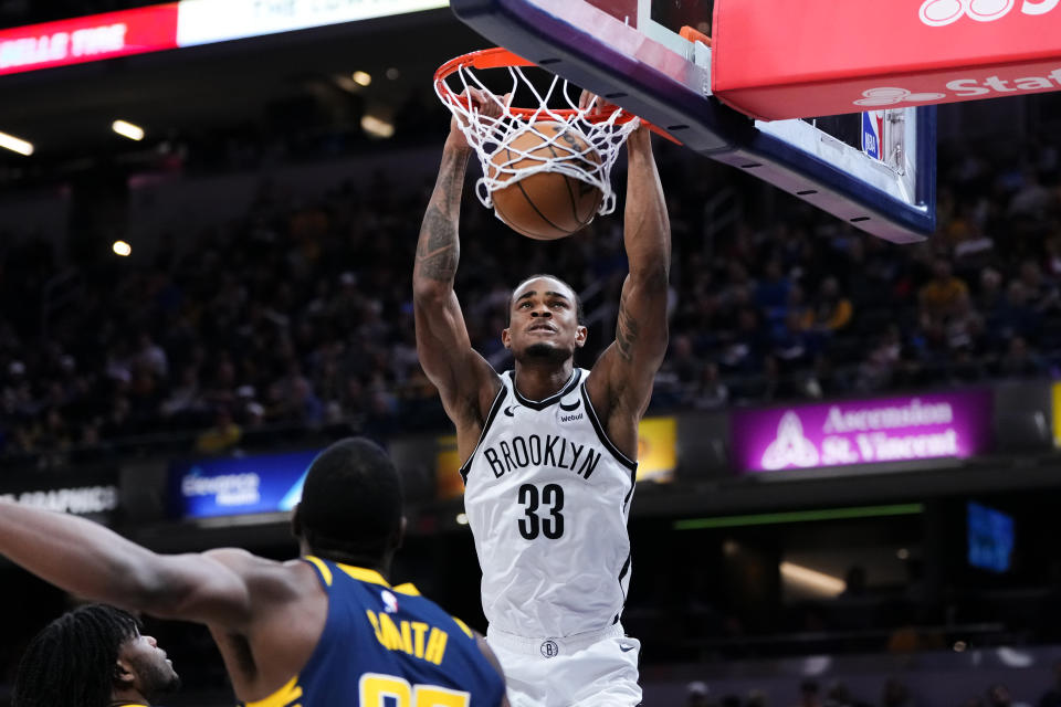 INDIANAPOLIS, INDIANA - APRIL 01: Nic Claxton #33 of the Brooklyn Nets dunks the ball in the second quarter against the Indiana Pacers at Gainbridge Fieldhouse on April 01, 2024 in Indianapolis, Indiana. NOTE TO USER: User expressly acknowledges and agrees that, by downloading and or using this photograph, User is consenting to the terms and conditions of the Getty Images License Agreement. (Photo by Dylan Buell/Getty Images)