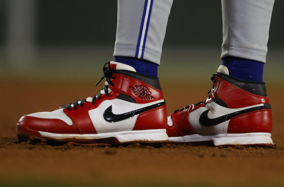 Boston, MA - June 25: Toronto Blue Jays 1B Vladimir Gurrero Jr. sports red and white Nike shoes. (Photo by Matthew J. Lee/The Boston Globe via Getty Images)