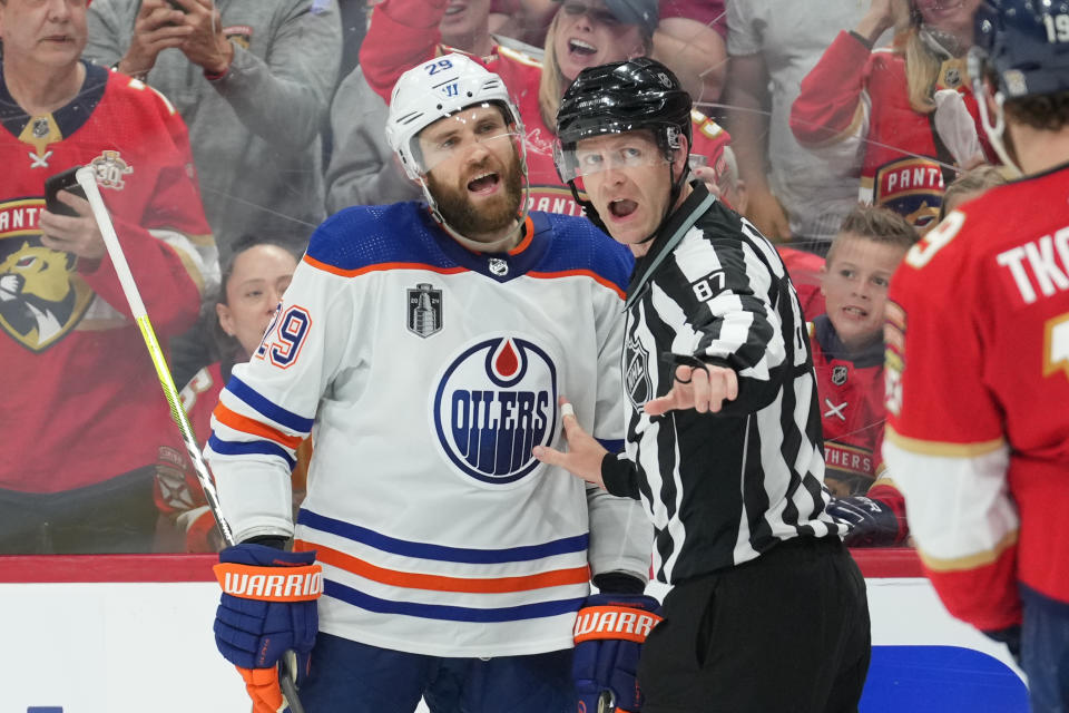 Leon Draisaitl received a roughing minor for his hit on Aleksander Barkov that left the Panthers captain questionable for Thursday's Game 2 of the Stanley Cup Final. (Photo by Peter Joneleit/Icon Sportswire via Getty Images)