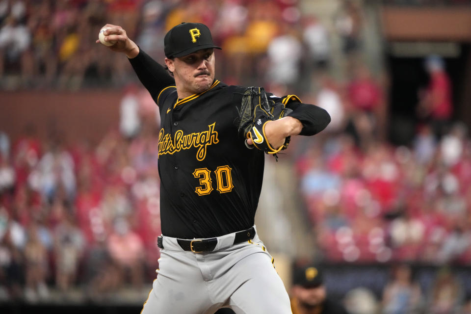 Paul Skenes struck out eight in 6 1/3 scoreless innings and drew a standing ovation on the road from Cardinals fans. (AP Photo/Jeff Roberson)