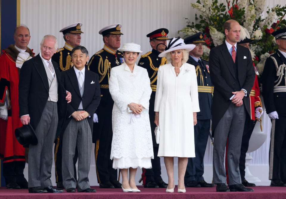 Queen Camilla, suede pumps, Queen Camilla style, shoes, London, King Charles III, neutral, tan, Empress Masako, Prince William