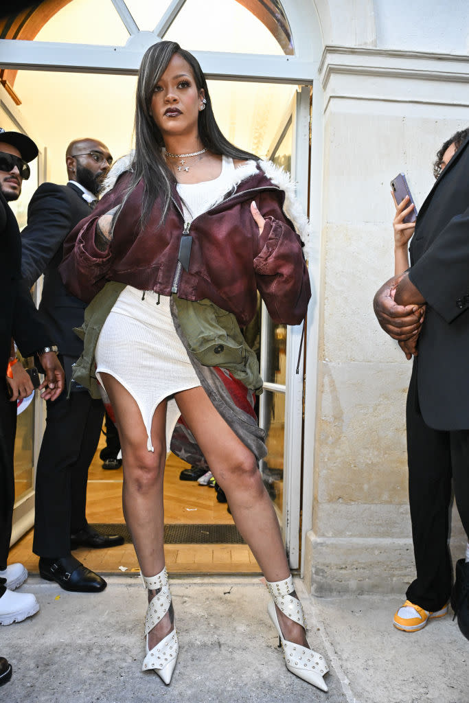 PARIS, FRANCE - JUNE 21: (EDITORIAL USE ONLY - For Non-Editorial use please seek approval from Fashion House) Rihanna attends the A$AP Rocky X American Sabotage by AWGE Menswear Spring/Summer 2025 show as part of Paris Fashion Week on June 21, 2024 in Paris, France. (Photo by Stephane Cardinale - Corbis/Corbis via Getty Images)