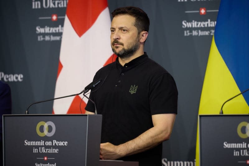 Ukraine's President Volodymyr Zelensky attends the closing press conference of the Summit on peace in Ukraine. -/Ukraine Presidency/dpa