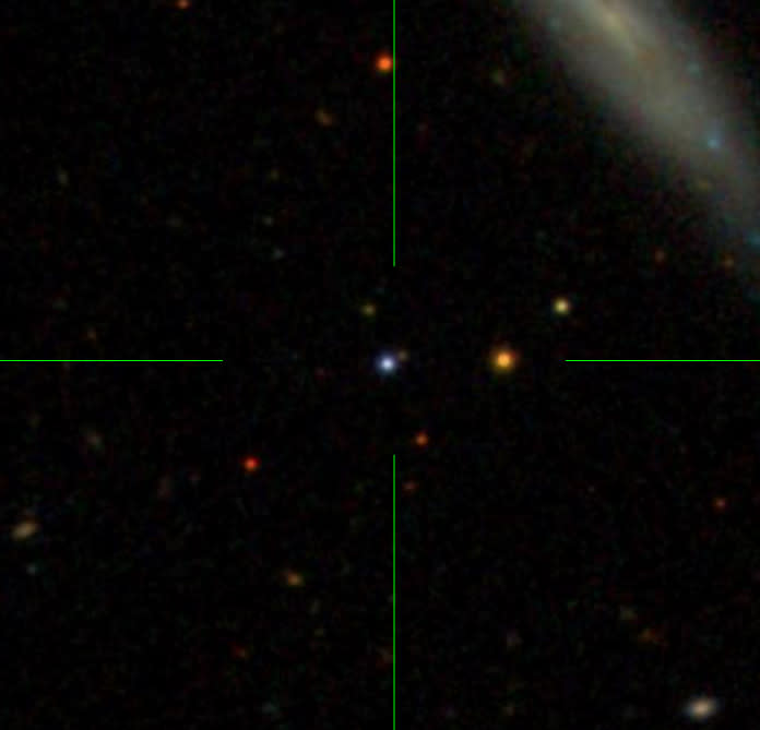 Blue, orange, and yellow points of light against a black background in green crosshairs