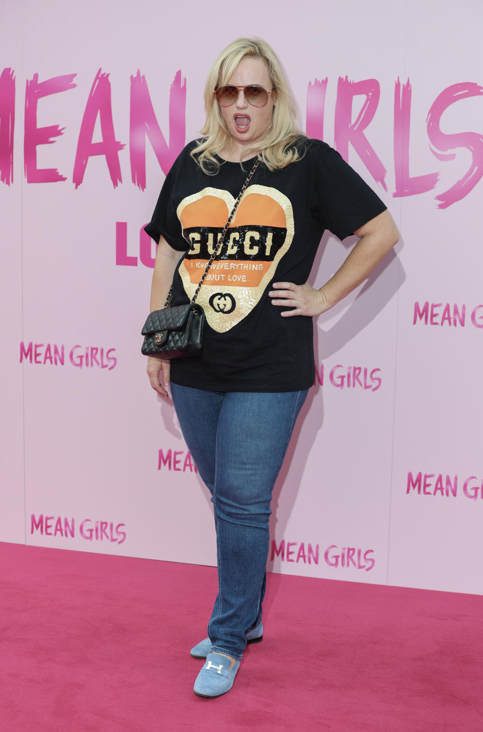 Rebel Wilson, 'Mean Girls: The Musical,' Chanel, Gucci, Hermès, loafers, sky blue, sequin, red carpet, London