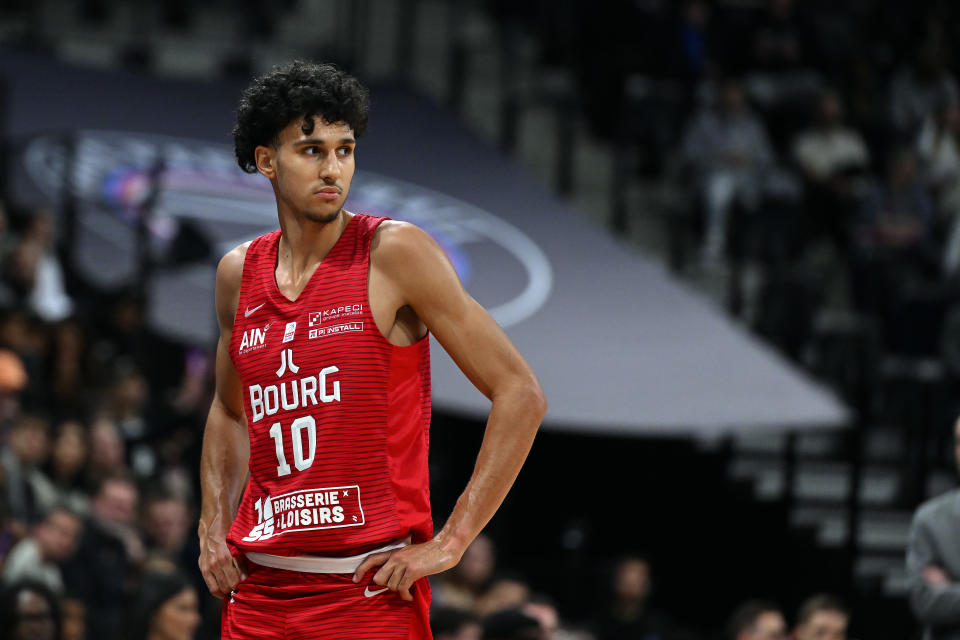 PARIS, FRANCE - APRIL 28: Zaccharie Risacher of Bourg en Bresse Basket looks on during the Betclic Elite match between Paris and Bourg en Bresse Basket at Adidas Arena on April 28, 2024 in Paris, France. (Photo by Aurelien Meunier/Getty Images)