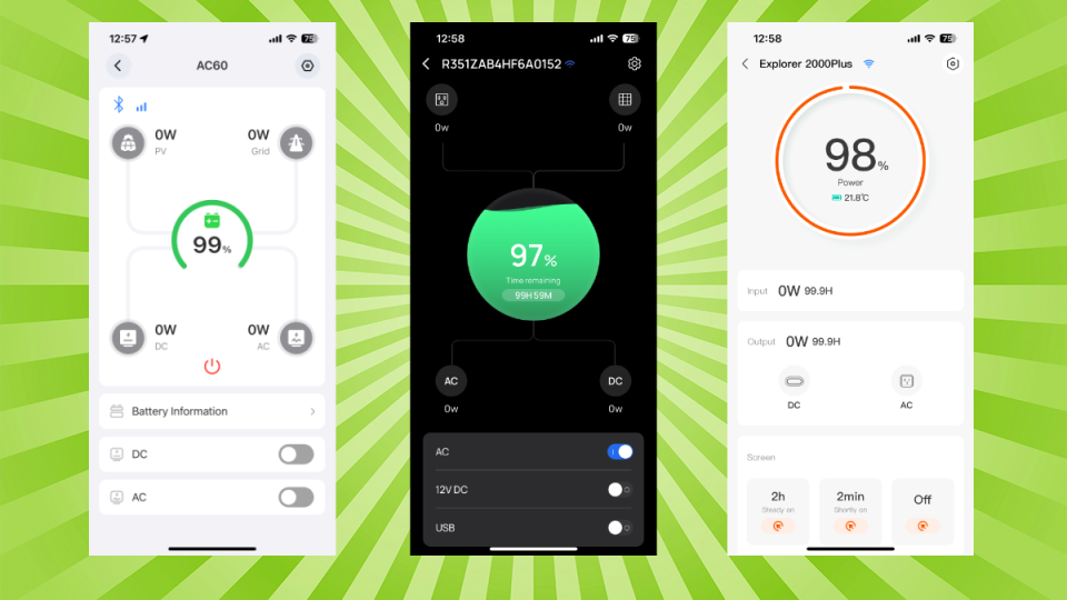 Screenshots of three of power stations' companion apps.