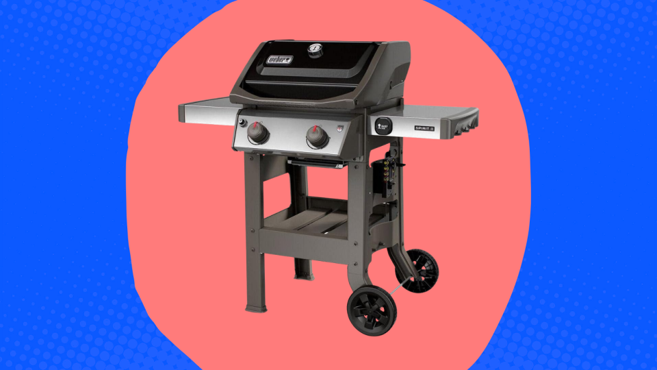 The Weber propane grill on a red and blue background