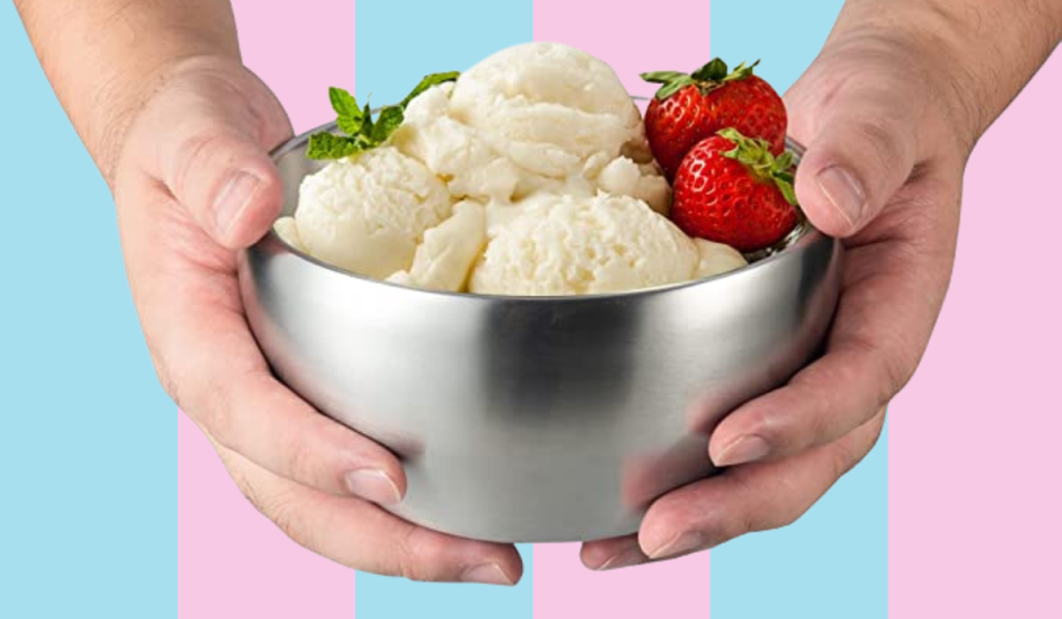 Hands holding a bowl of vanilla ice cream and strawberries.