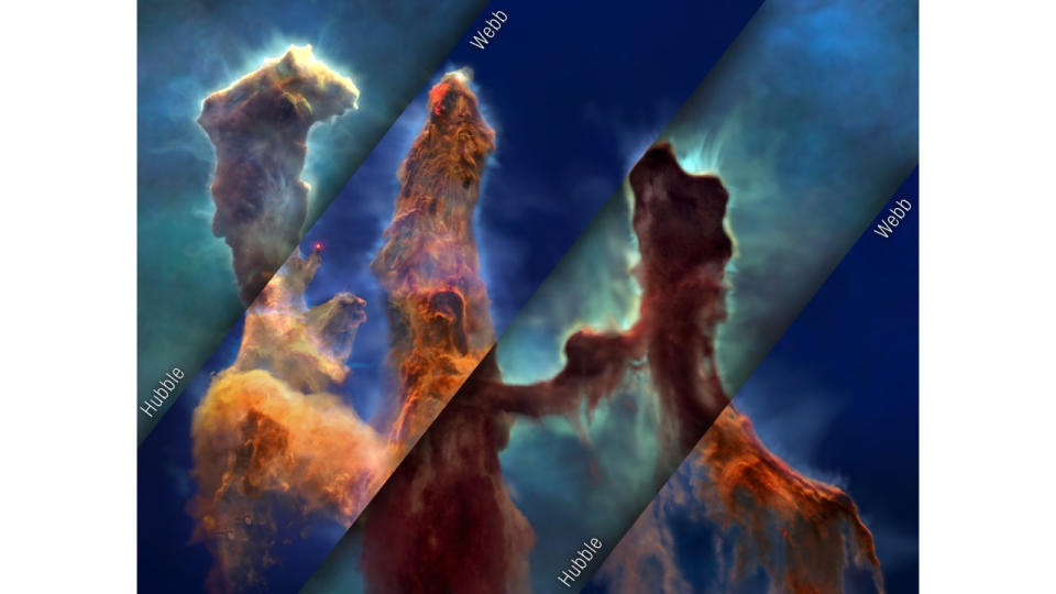 three tall pillars of cosmic gas and dust glow orange-red in deep space