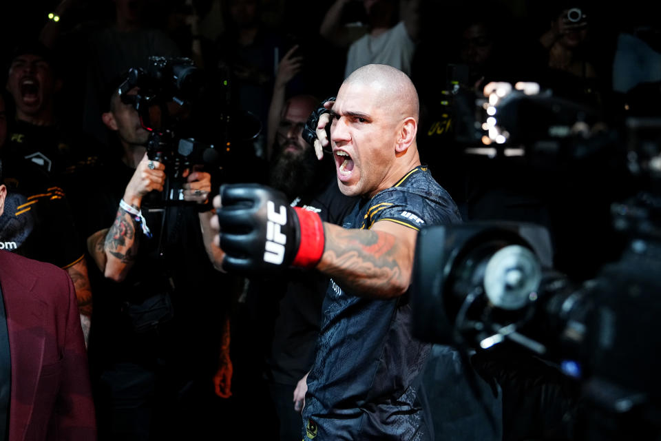 LAS VEGAS, NEVADA - APRIL 13: Alex Pereira of Brazil prepares to face Jamahal Hill in the UFC light heavyweight championship fight during the UFC 300 event at T-Mobile Arena on April 13, 2024 in Las Vegas, Nevada.  (Photo by Chris Unger/Zuffa LLC via Getty Images)