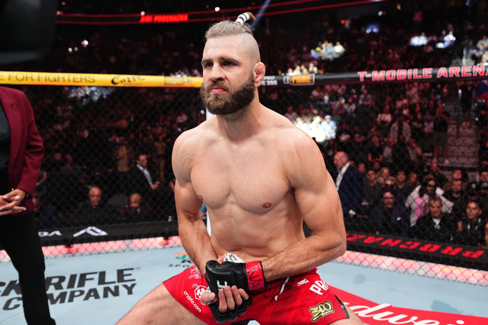 LAS VEGAS, NEVADA - APRIL 13: Jiri Prochazka of the Czech Republic enters the Octagon in a light heavyweight fight during the UFC 300 event at T-Mobile Arena on April 13, 2024 in Las Vegas, Nevada.  (Photo by Jeff Bottari/Zuffa LLC via Getty Images)