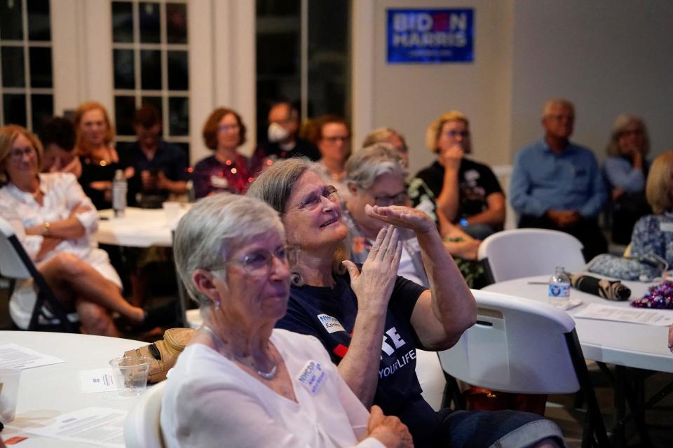 People react as they watch Thursday's debate as The New Hanover County Democratic party hosted a watch party in Wilmington, North Carolina.