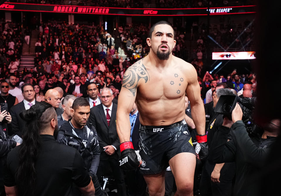 ANAHEIM, CALIFORNIA - FEBRUARY 17: Robert Whittaker of New Zealand prepares to face Paulo Costa of Brazil in a middleweight fight during the UFC 298 event at Honda Center on February 17, 2024 in Anaheim, California. (Photo by Chris Unger/Zuffa LLC via Getty Images)