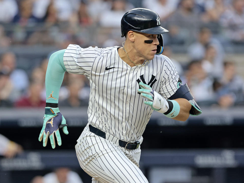 NEW YORK, NEW YORK - JUNE 22: Aaron Judge #99 of the New York Yankees runs up the first base line after grounding into a double play that resulted in an RBI in the bottom of the third inning during the game against the Atlanta Braves at Yankee Stadium on June 22, 2024 in New York City. (Photo by Christopher Pasatieri/Getty Images)