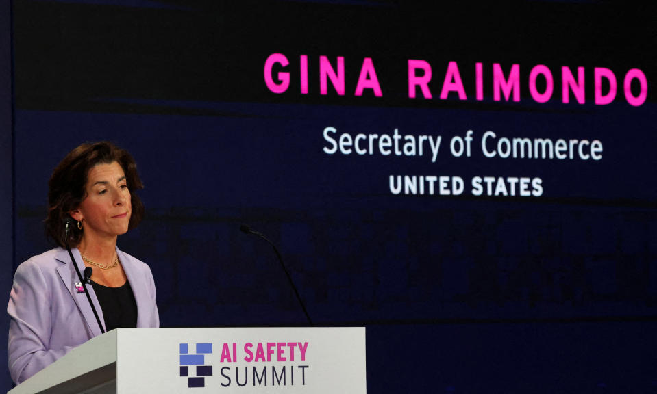 US Commerce Secretary Gina Raimondo speaks during the UK Artificial Intelligence (AI) Safety Summit at Bletchley Park, in central England, on November 1, 2023. (Photo by TOBY MELVILLE / POOL / AFP) (Photo by TOBY MELVILLE/POOL/AFP via Getty Images)