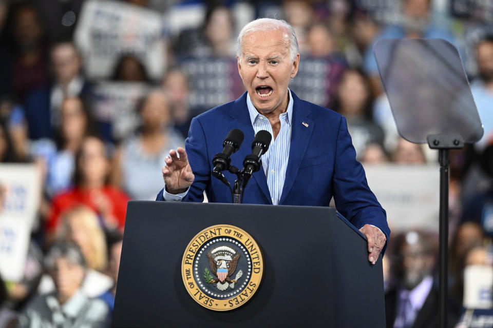 President Biden speaks at a campaign rally in Raleigh Friday.