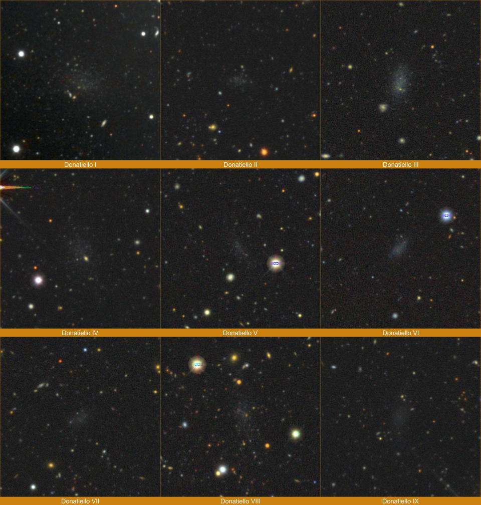 Several images of space indicate the locations of dwarf galaxies.