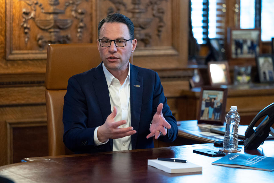 Josh Shapiro speaks at his office in Harrisburg, Pa.