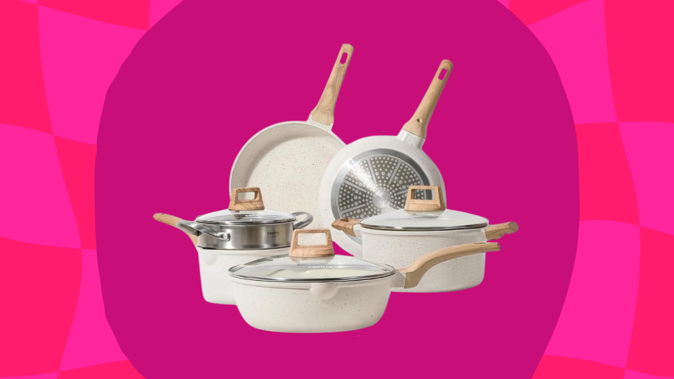 The Carote 10-piece granite cookware set on a pink background.