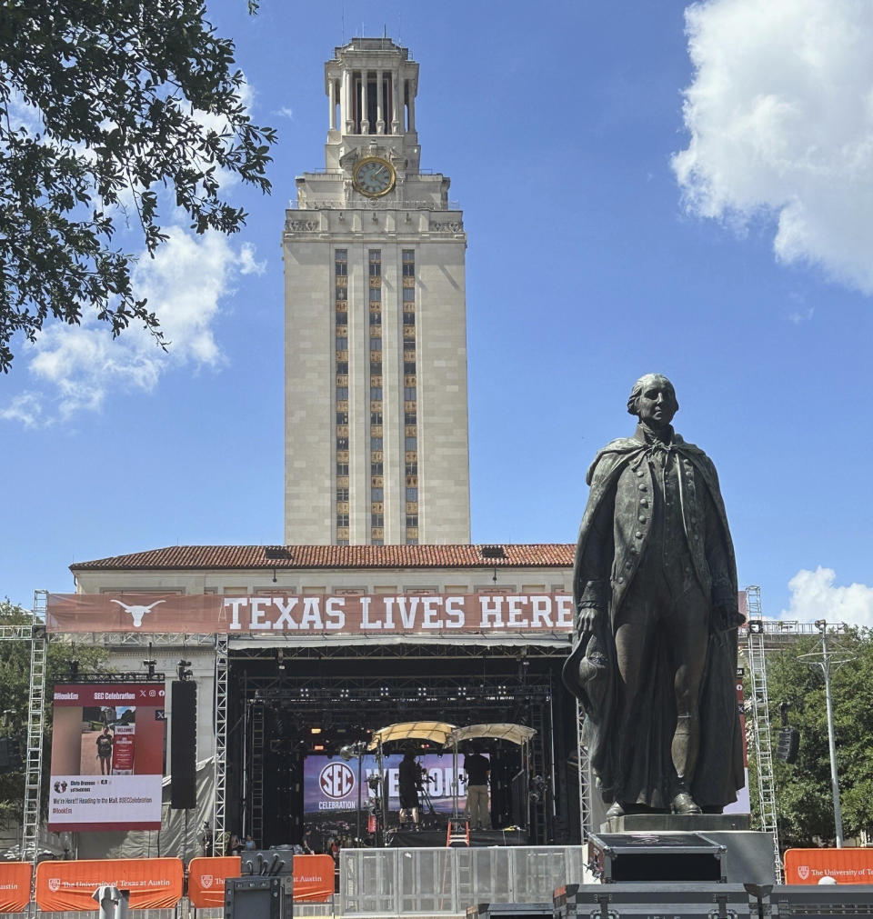 The main stage is set for a Sunday, June 30, 2024, campus celebrationin Austin, Texas, at the University of Texas for the school's move from the Big 12 to the Southeastern Conference. (AP Photo/Jim Vertuno)