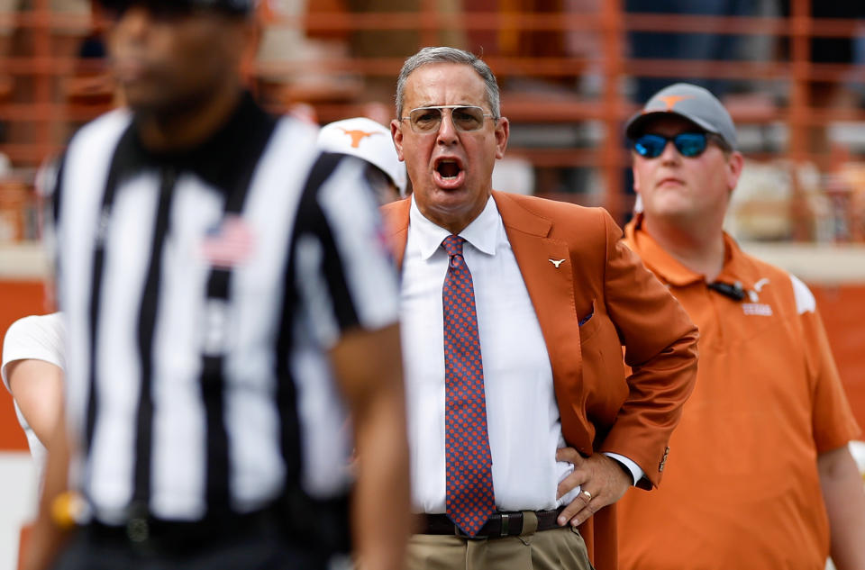 Texas athletic director Chris Del Conte reacts on the sideline during a game against Iowa State in 2022. (Tim Warner/Getty Images)