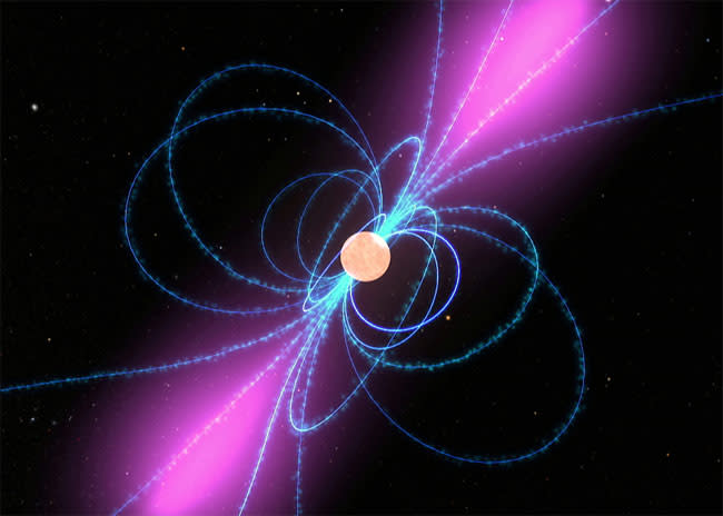 A sphere of orange with blue arcs connecting its poles and tapered clouds of purple along a tilted axis running through it