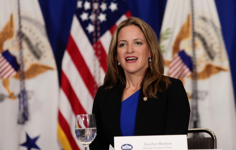 Michigan Secretary of State Jocelyn Benson speaks as she addresses the media with U.S. Vice President Kamala Harris during a voting rights listening session at TCF Center in Detroit, Michigan, U.S. July 12, 2021. REUTERS/Rebecca Cook