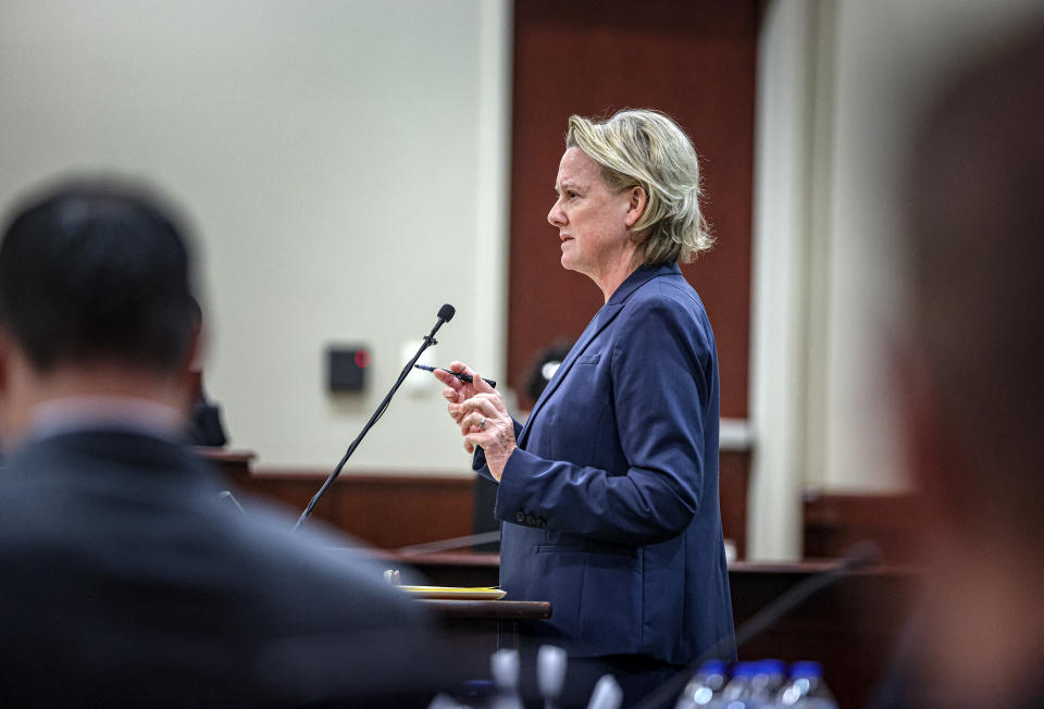 Special prosecutor Kari Morrissey questions a witness during Hannah Gutierrez-Reed's involuntary manslaughter trial.