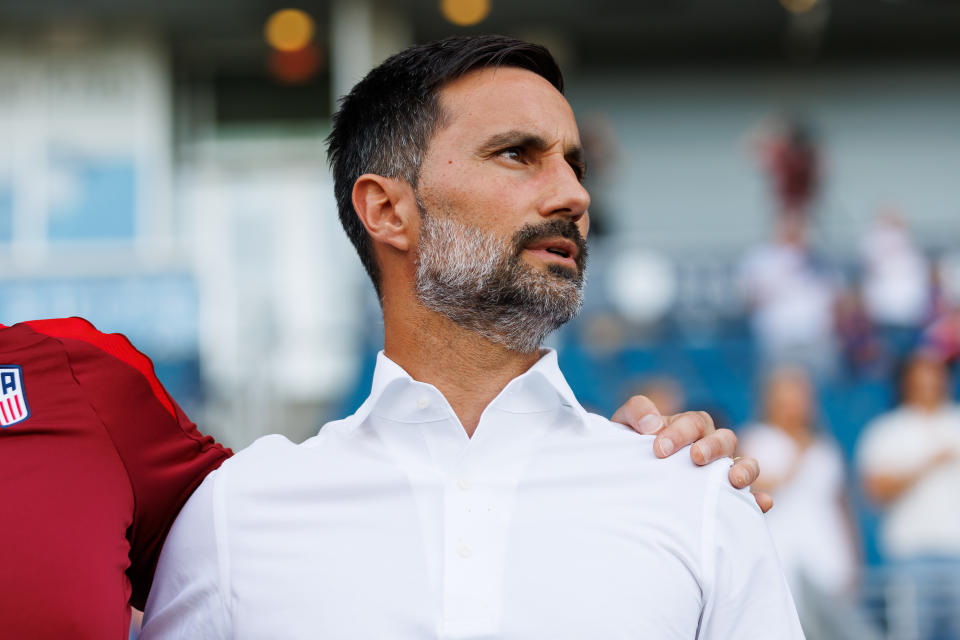 KANSAS CITY, KANSAS - JUNE 11: Marko Mitrovic of the United States U23 sings the national anthem prior to an under 23 game between Japan and USMNT at Children's Mercy Park on June 11, 2024 in Kansas City, Kansas. (Photo by Andrea Vilchez/ISI Photos/USSF/Getty Images for USSF)