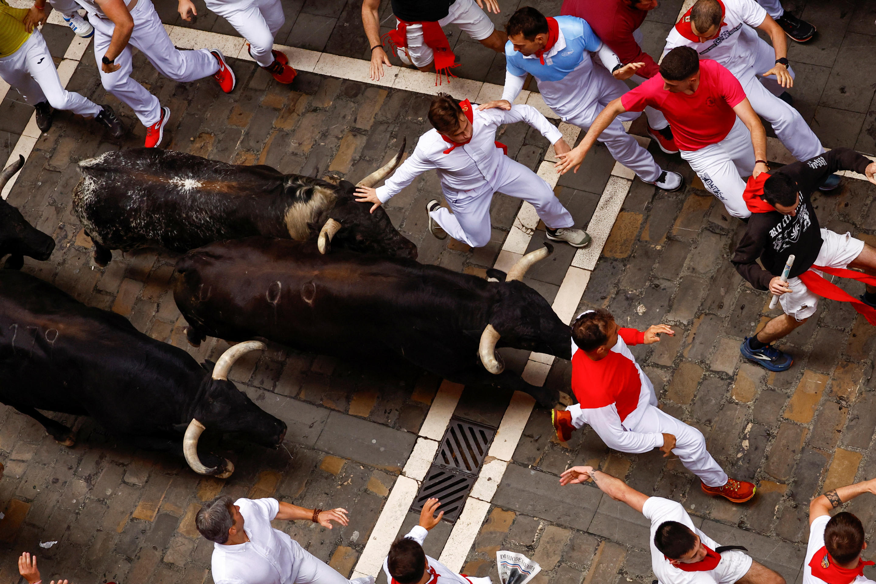 Revelers run alongside bulls at the San Fermin Festival in Pamplona, Spain.